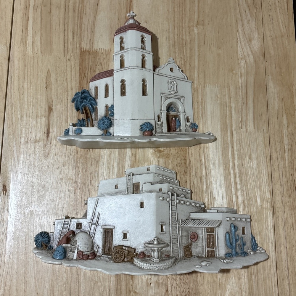 Vtg Burwood Products Adobe Pueblo Mexican Village Church 3D Wall Decor USA Set 2